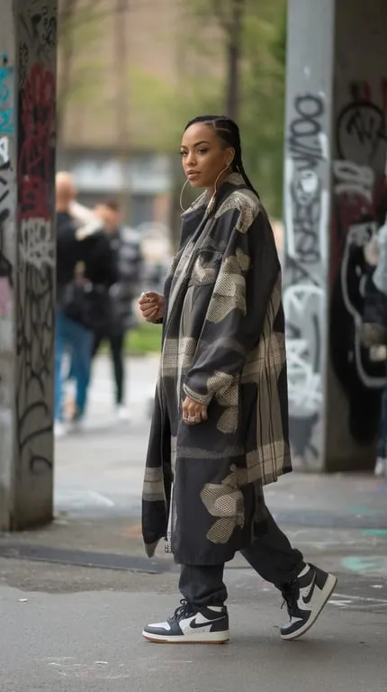 A woman in a stylish long coat and sneakers walking on the street.