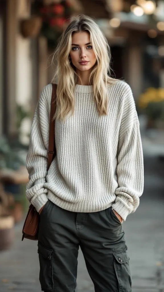 A woman wearing a relaxed fit cream sweater and cargo shorts, standing outdoors with a casual look.