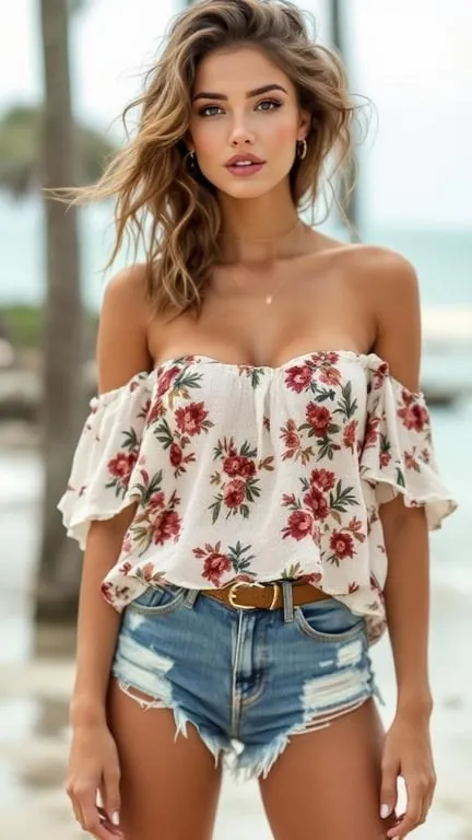 A woman wearing a floral off-shoulder top and denim shorts, standing outdoors.