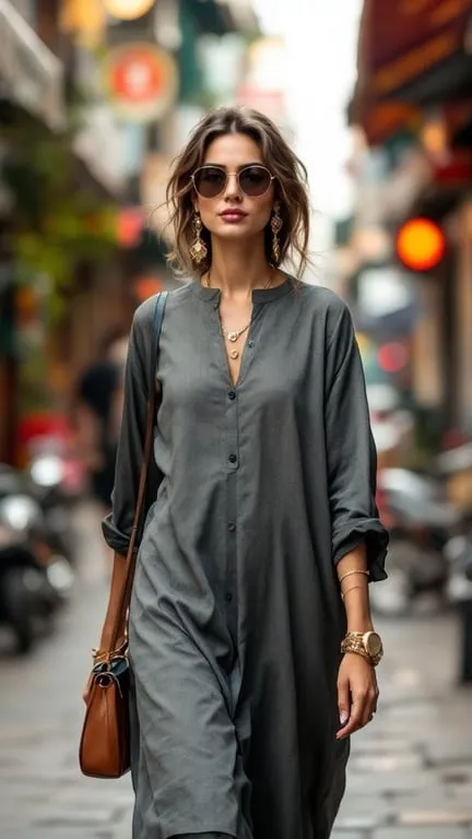 A woman in a grey kurta walking confidently in a city street, wearing sunglasses and statement earrings.