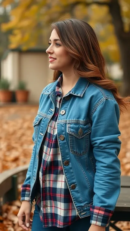 A woman wearing a denim jacket over a flannel shirt, standing outdoors with autumn leaves in the background.