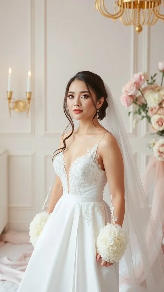 A bride in a white dress with a simple yet elegant makeup look, showcasing a timeless monochrome palette.