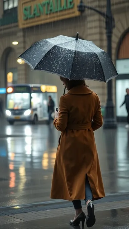 A woman in a classic trench coat walking in the rain with an umbrella.