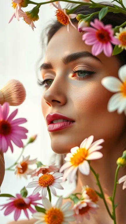 A model with bronzer makeup surrounded by flowers, showcasing a sun-kissed glow.