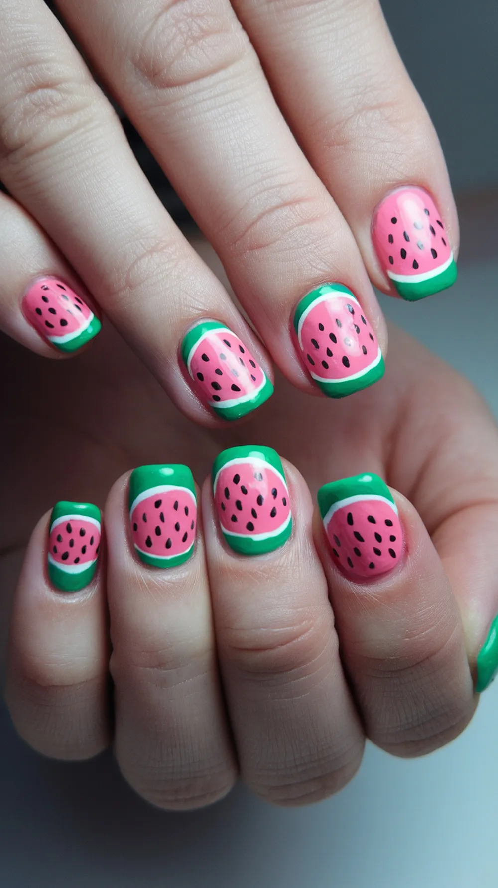 Nails designed to look like watermelon slices with pink and green colors.