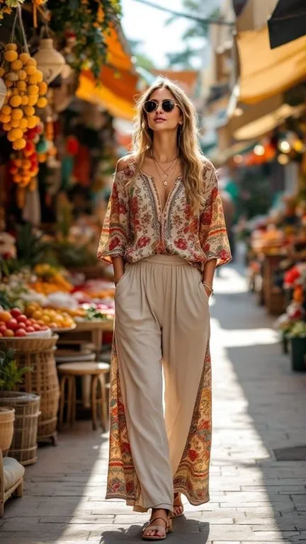 A woman wearing stylish palazzo pants and an ethnic top, walking in a colorful market.