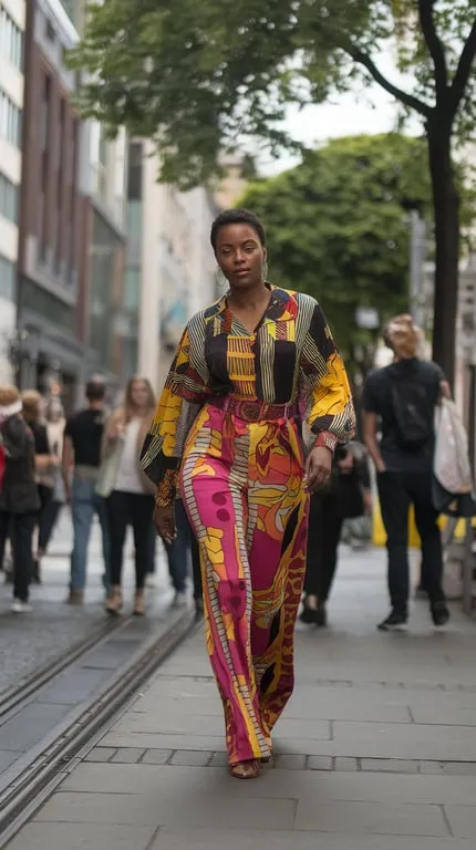 A woman walking confidently in a vibrant, patterned outfit on a city street.