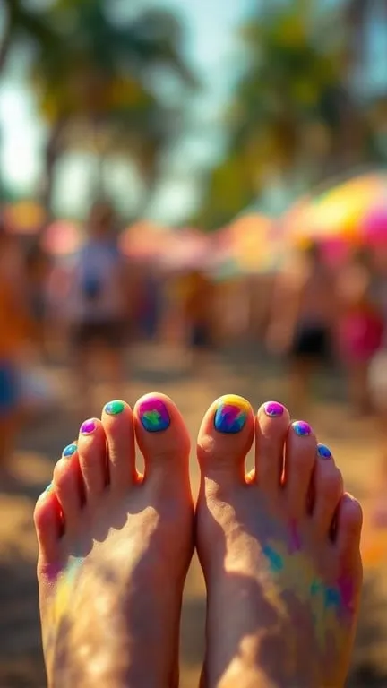 Colorful tie-dye toenails with a beach background