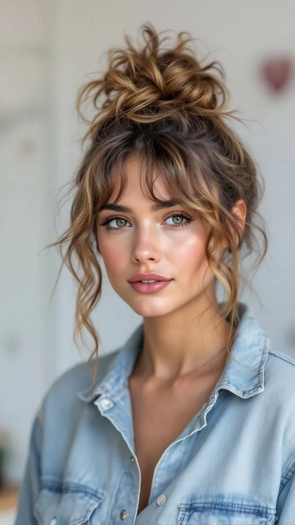 A woman with a messy bun and face-framing curls, wearing a denim jacket.