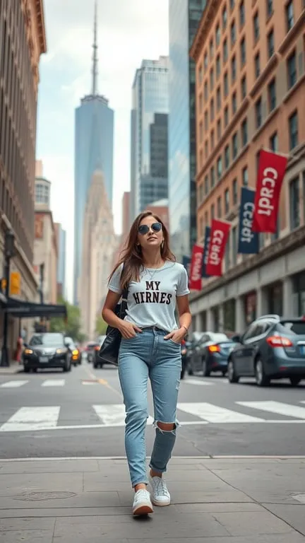 A woman walking in the city wearing boyfriend jeans and a graphic tee.