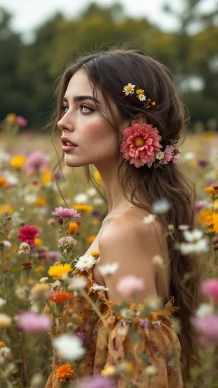 A woman with long hair adorned with floral accessories, standing in a colorful flower field.