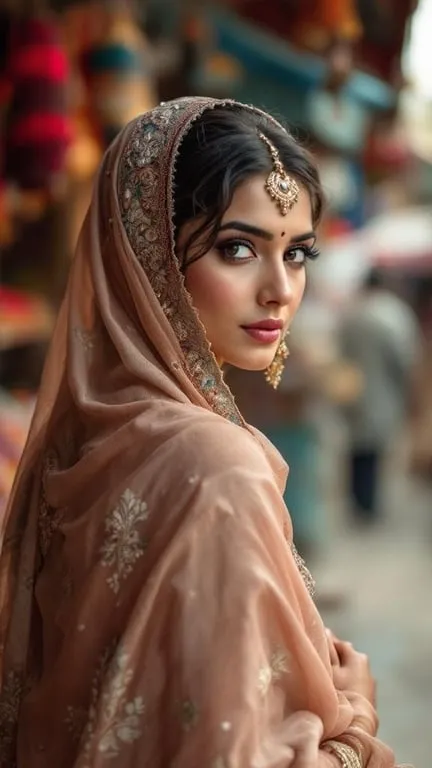 A woman wearing an elegant dupatta with intricate embroidery, showcasing a traditional Indian outfit.