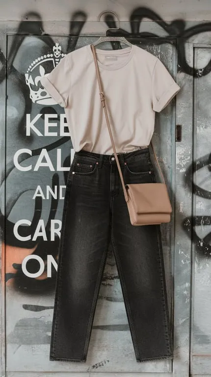 Casual black denim and white tee outfit displayed on a hanger