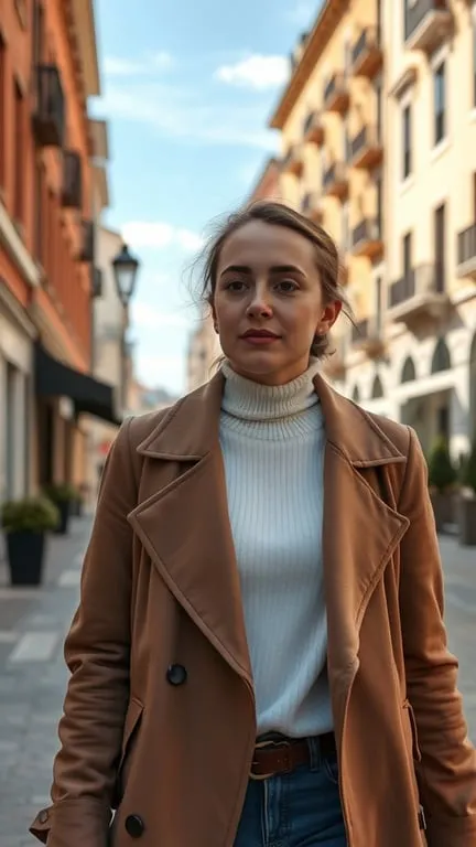 A woman wearing a turtleneck and jacket in a city street.