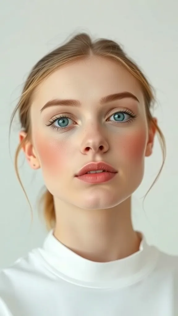 A model with flushed cheeks, light makeup, and a natural look.
