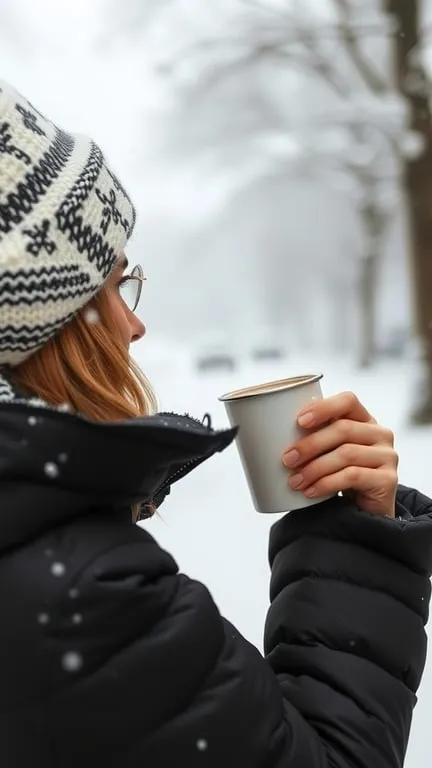 A woman in a puffer jacket holding a cup in a snowy setting.