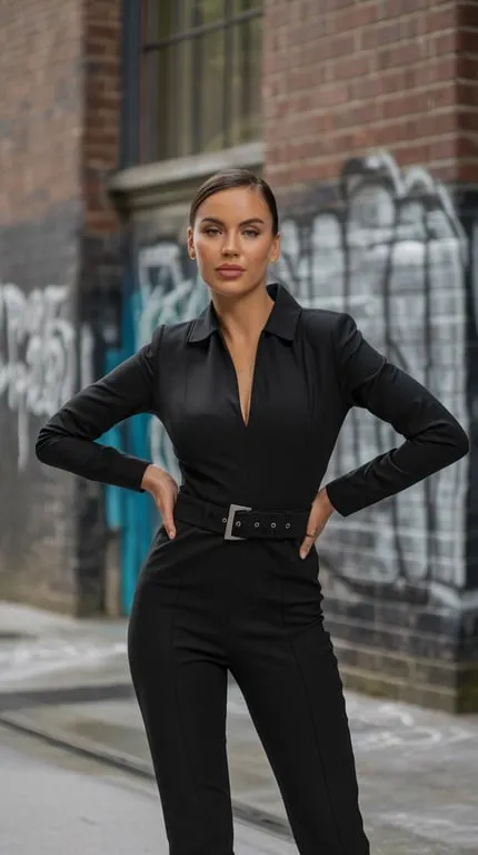 A woman in a black jumpsuit with a collar and belt, posing confidently against a graffiti-covered wall.