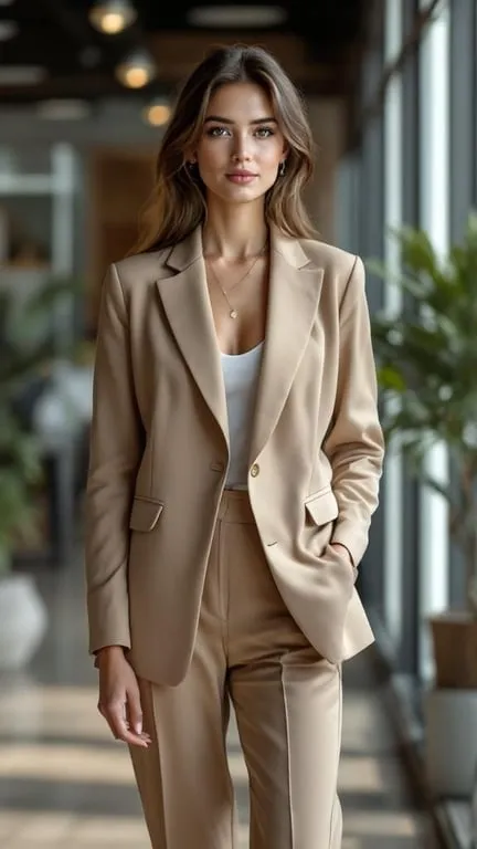 A woman wearing a tailored beige blazer and trousers, standing confidently in a modern setting.