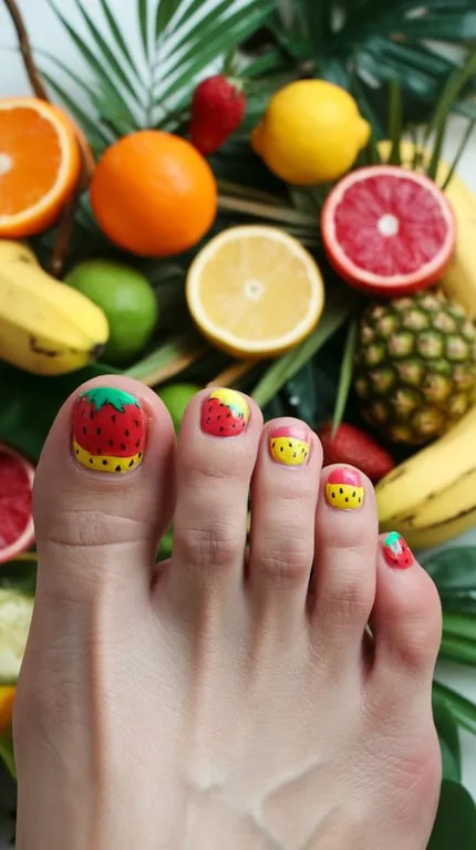 Colorful fruit-inspired nail art on toes surrounded by fresh fruits