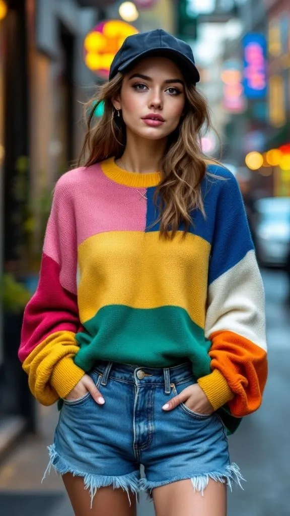 A model wearing a color blocked sweater and denim shorts, standing in a city street.