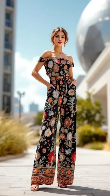 A woman in a floral patterned jumpsuit with an off-shoulder design, standing outdoors.
