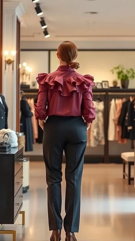 A woman wearing a ruffled blouse and tailored pants, showcasing a stylish outfit in a boutique.
