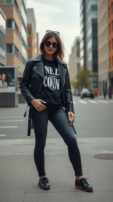 A woman wearing a leather jacket, graphic tee, and skinny jeans in an urban setting.