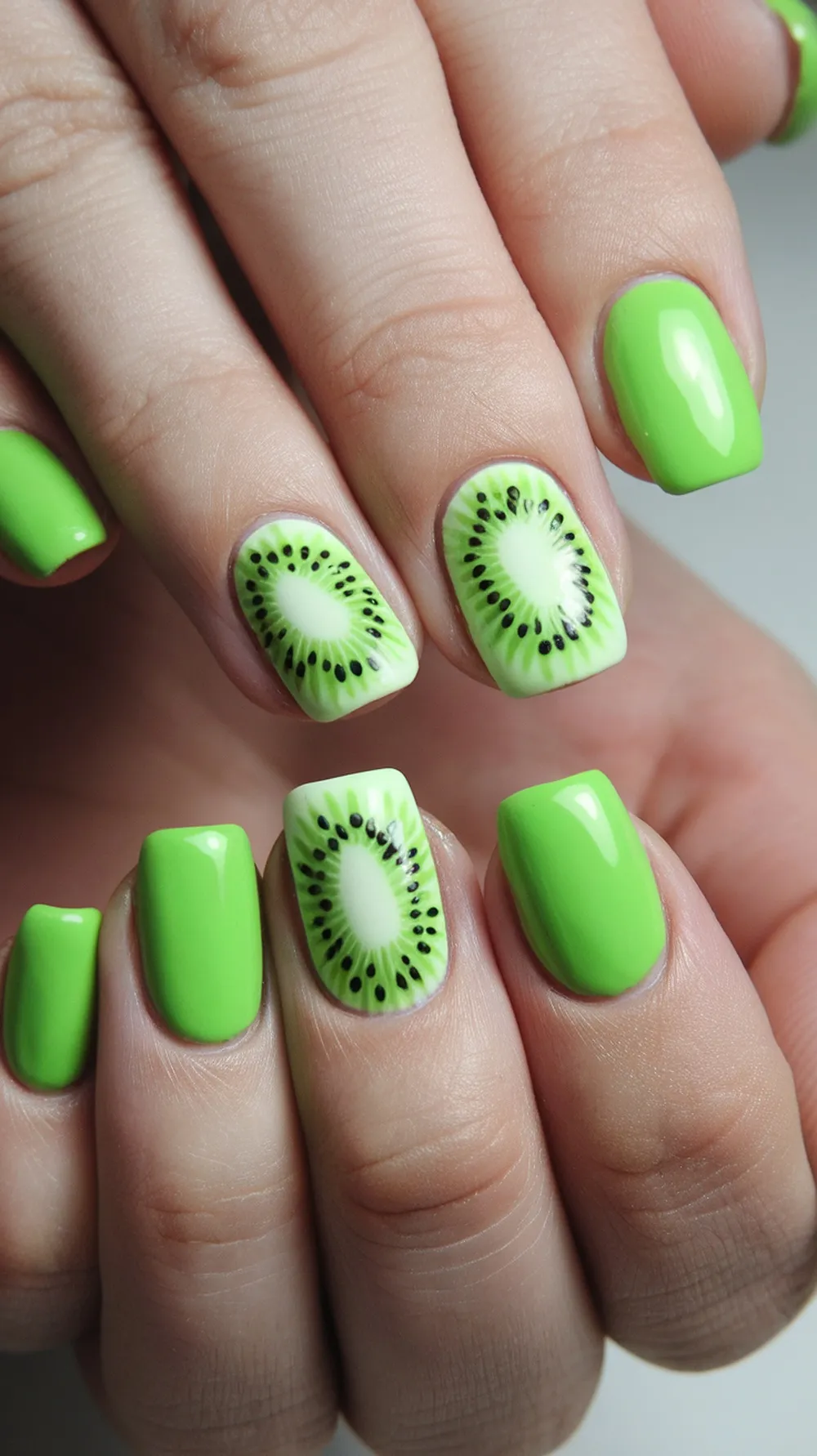 Nails painted in vibrant green with detailed kiwi slice designs.