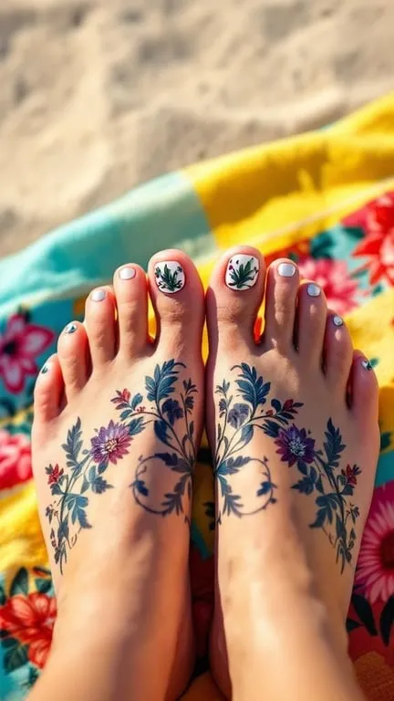 Close-up of feet with floral patterned toenails on a colorful beach towel