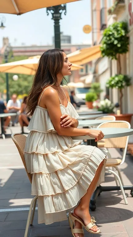 A woman sitting at a cafe wearing a layered dress, enjoying a sunny day.