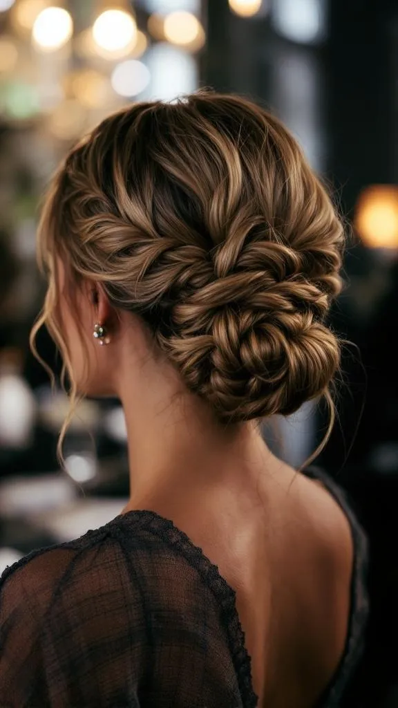 A woman with a low chignon hairstyle featuring twisted strands, showcasing elegance and style.