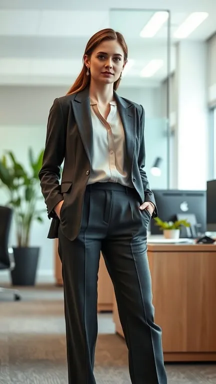 A woman in a tailored blazer and trousers standing confidently in an office setting.