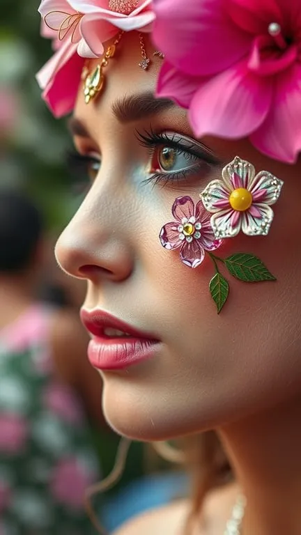 A close-up of a woman's face adorned with floral-inspired face gems, showcasing vibrant pink flowers and green leaves.