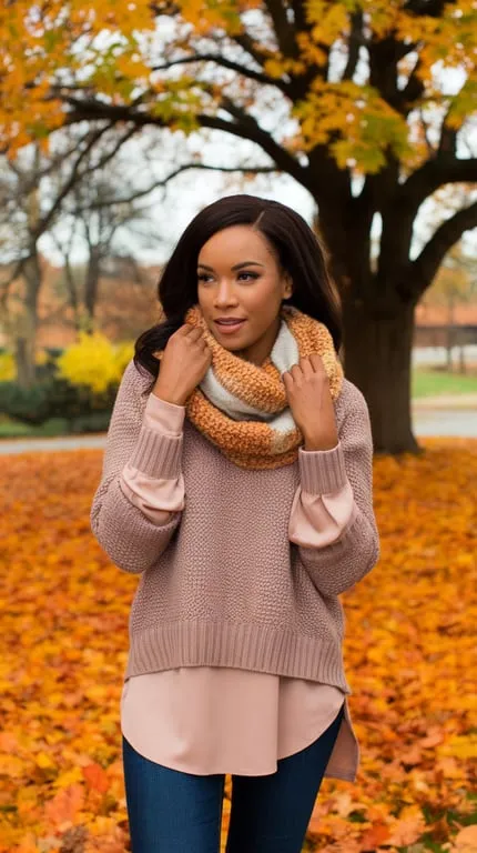 A woman in a cozy sweater and scarf, surrounded by autumn leaves.