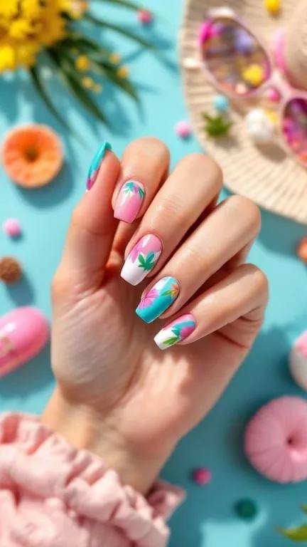 A hand with bright pastel nail art surrounded by flowers and sunglasses
