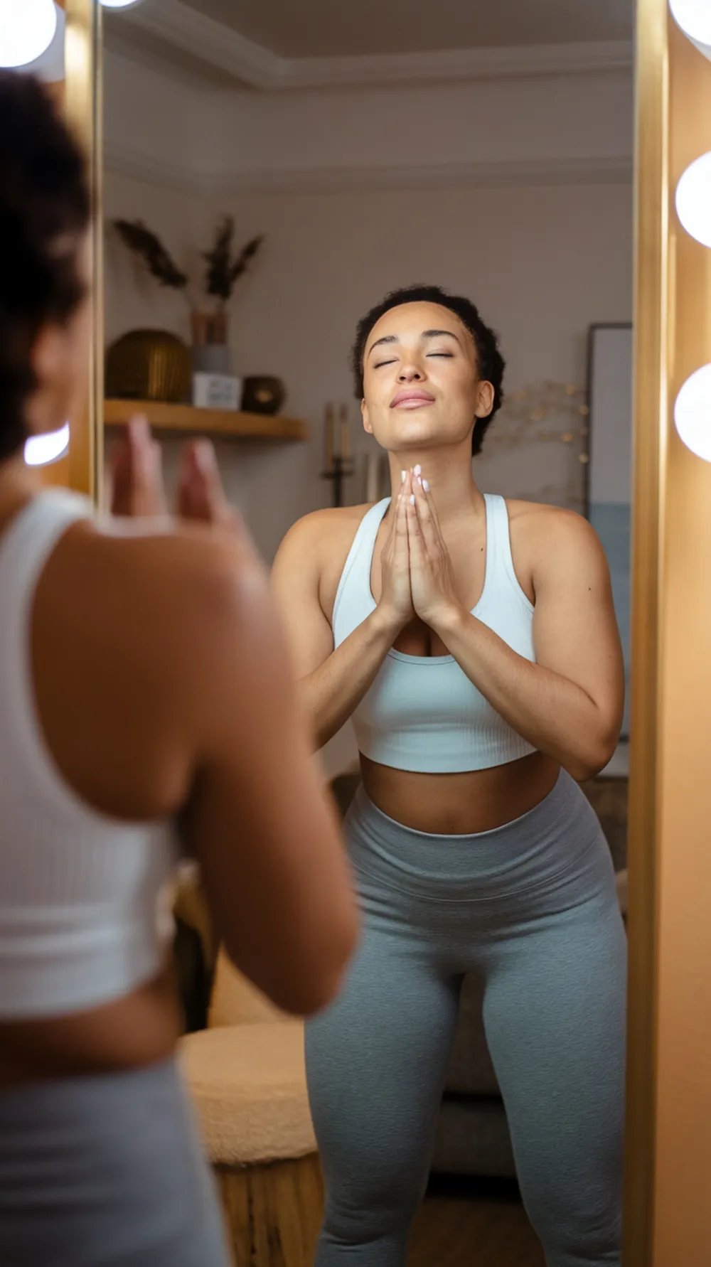 A woman practicing self-affirmation in front of a mirror, wearing a sports bra and leggings, with a calm expression.
