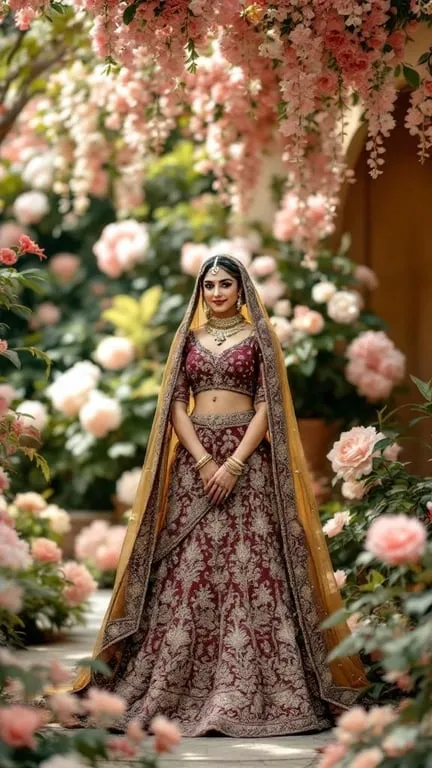 A woman in a maroon lehenga choli standing amidst pink flowers.