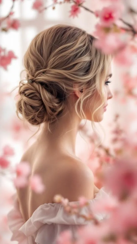 A woman with a side bun and soft waves, surrounded by pink flowers.