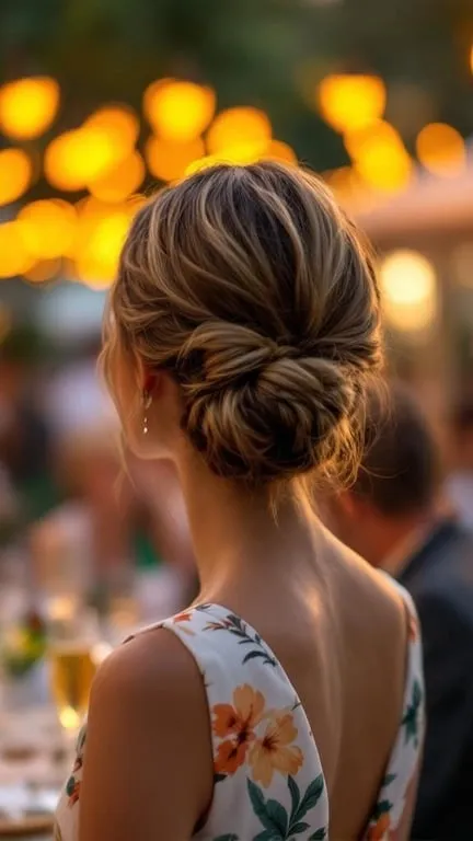 A woman with a classic low bun hairstyle, wearing a floral dress, with soft lighting in the background.