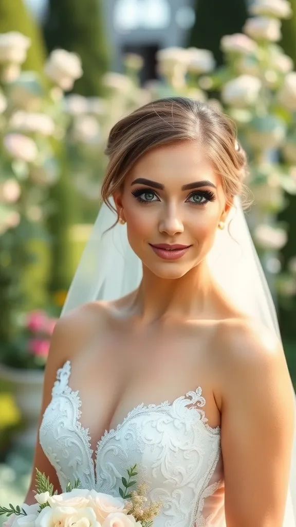 A bride with soft glam makeup, wearing a beautiful wedding dress and holding a bouquet.