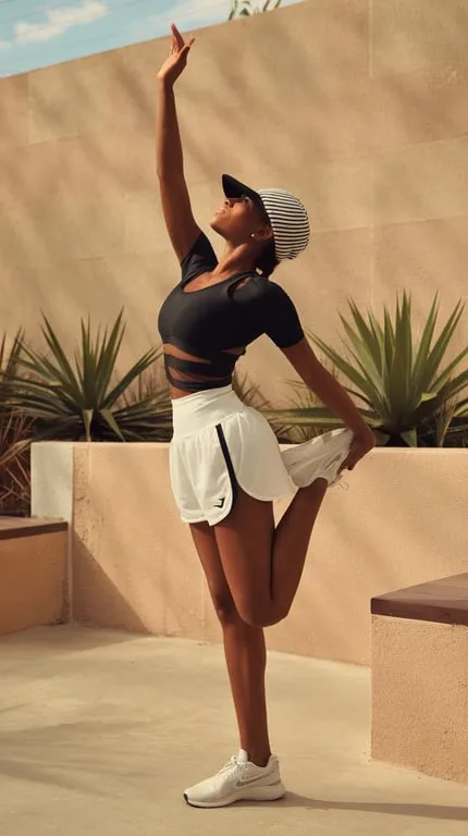 A woman stretching in a stylish athleisure outfit with a crop top and shorts.