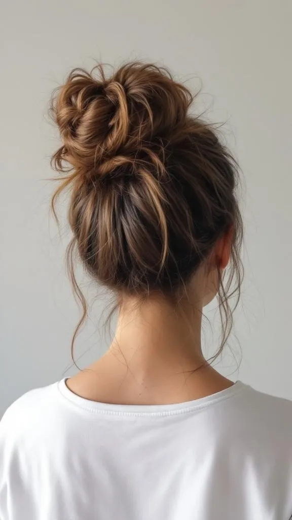 A woman with a half-up bun hairstyle showcasing natural texture and loose strands.