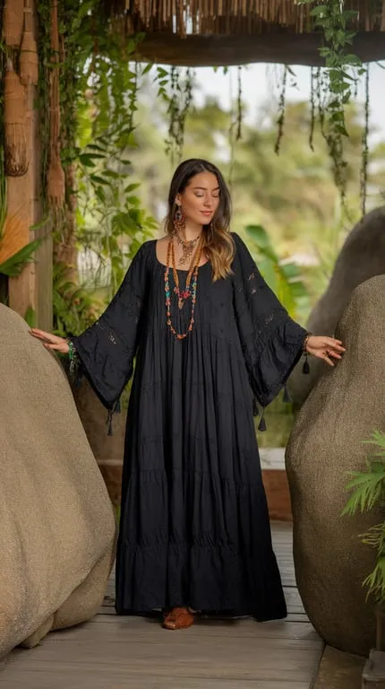 A woman wearing a black bohemian maxi dress with accessories, standing in a lush green environment.