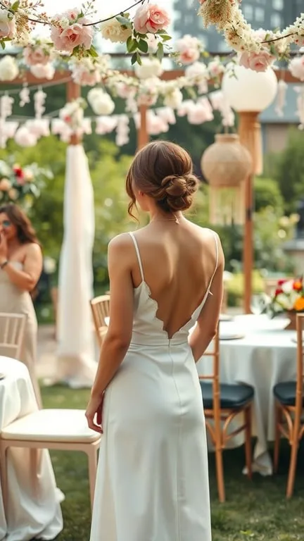 A woman in a white dress with a delicate back design, standing in a garden decorated with flowers.