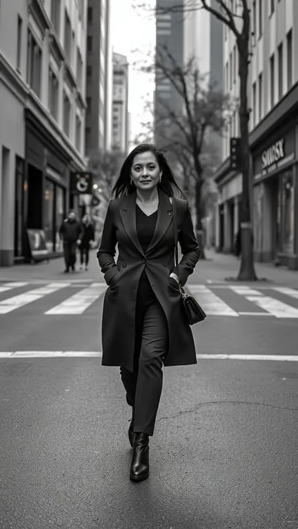 A woman in a black coat and pants walking confidently on a city street.