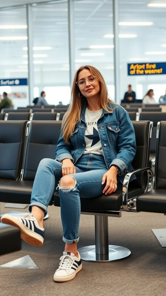 A woman in a denim jacket and jeans sitting at an airport, wearing sneakers and glasses.