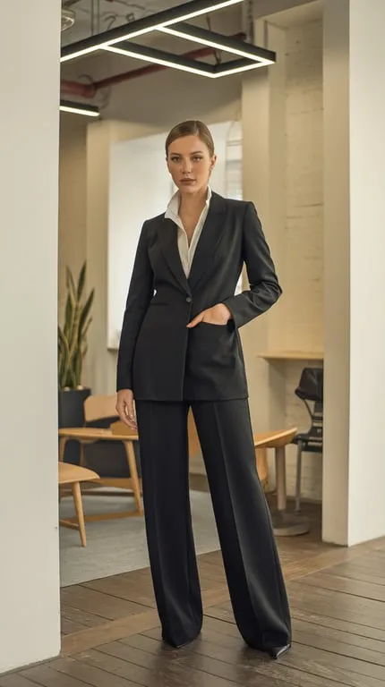 A woman wearing a sophisticated black blazer and trousers, standing in a modern office setting.