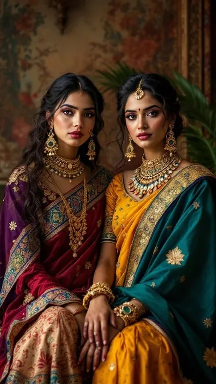 Two women in traditional Indian outfits, showcasing vibrant sarees and statement jewelry.