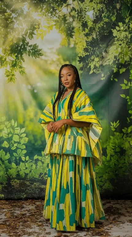 A woman wearing a colorful traditional outfit with yellow and green patterns, surrounded by a natural backdrop.