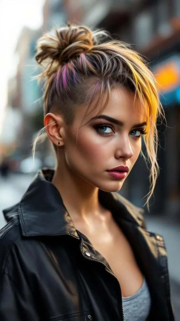 A woman with a faux hawk bun and bold highlights, wearing a leather jacket.